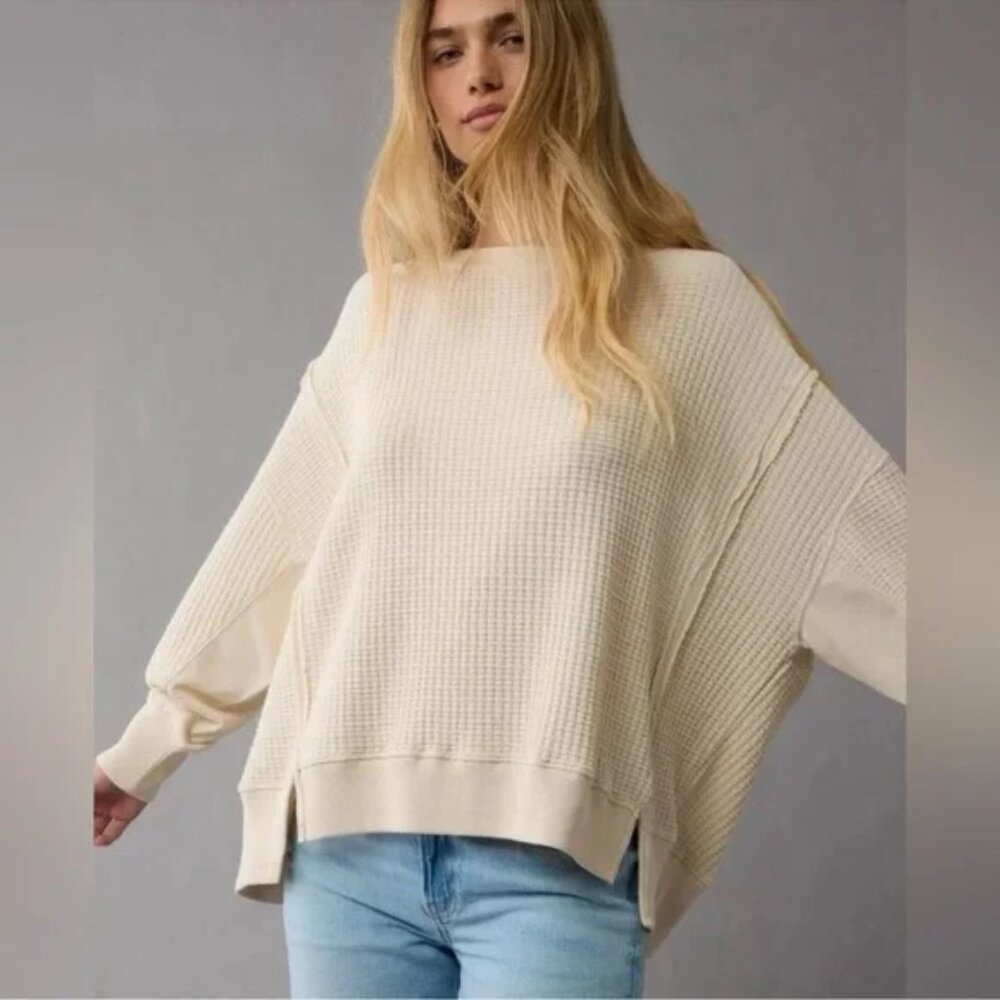 AE Big Hug Waffle Crew Neck Cappuccino Sweatshirt S NWOT